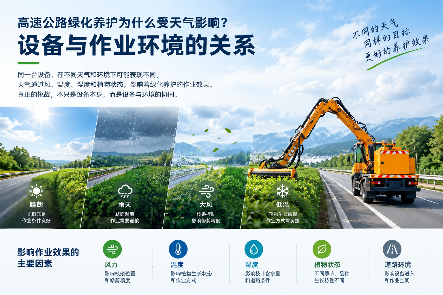 不同天气条件下高速公路绿化修剪设备进行道路植被养护